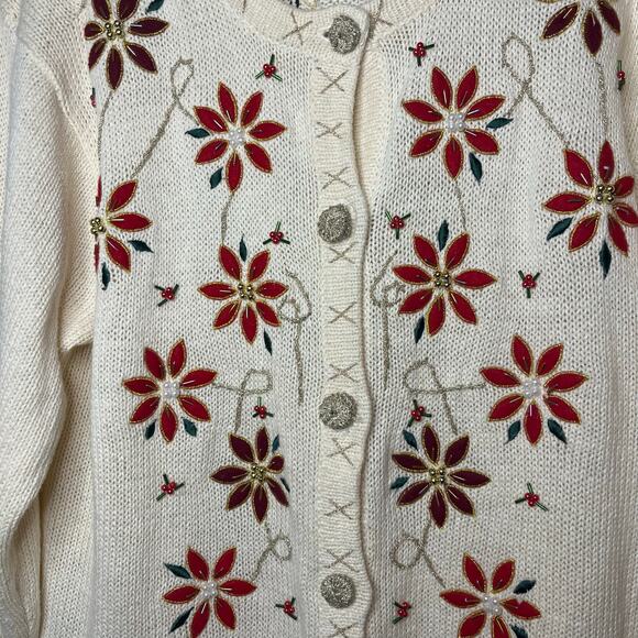 Vintage In Resource Cream Poinsettia Beaded Holiday Cardigan Sweater Sz Medium - Picture 2 of 10